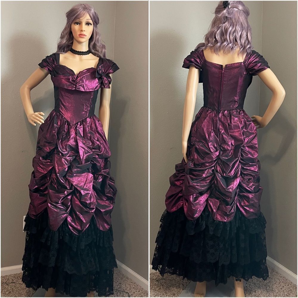 Vintage One of a kind Wine Metallic Prom Dress with Layers of Ruffled Black Lace